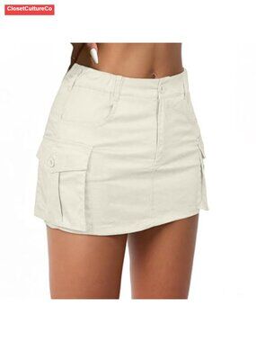 Low Rise Denim Mini Skirt Cargo Pockets Y2K Button Jean Skirt